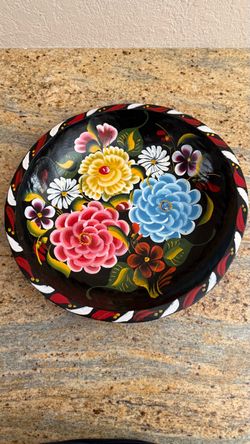 Hand-Painted Mexican Folk Art Floral Bowl – 13”
