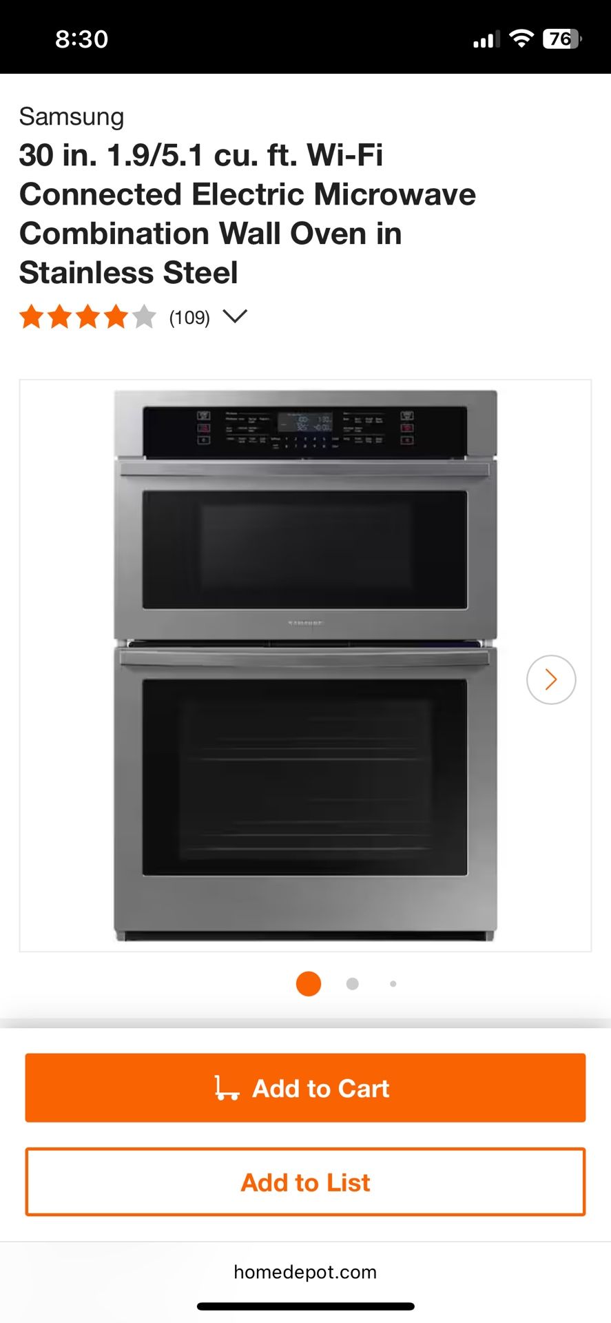 Samsung 30 in. 1.9/5.1 cu. ft. Wi-Fi Connected Electric Microwave Combination Wall Oven in Stainless Steel