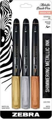 Zebra Pen Brush Pen Medium Point Assorted Metallic Ink 3-Count Works on Darker Paper