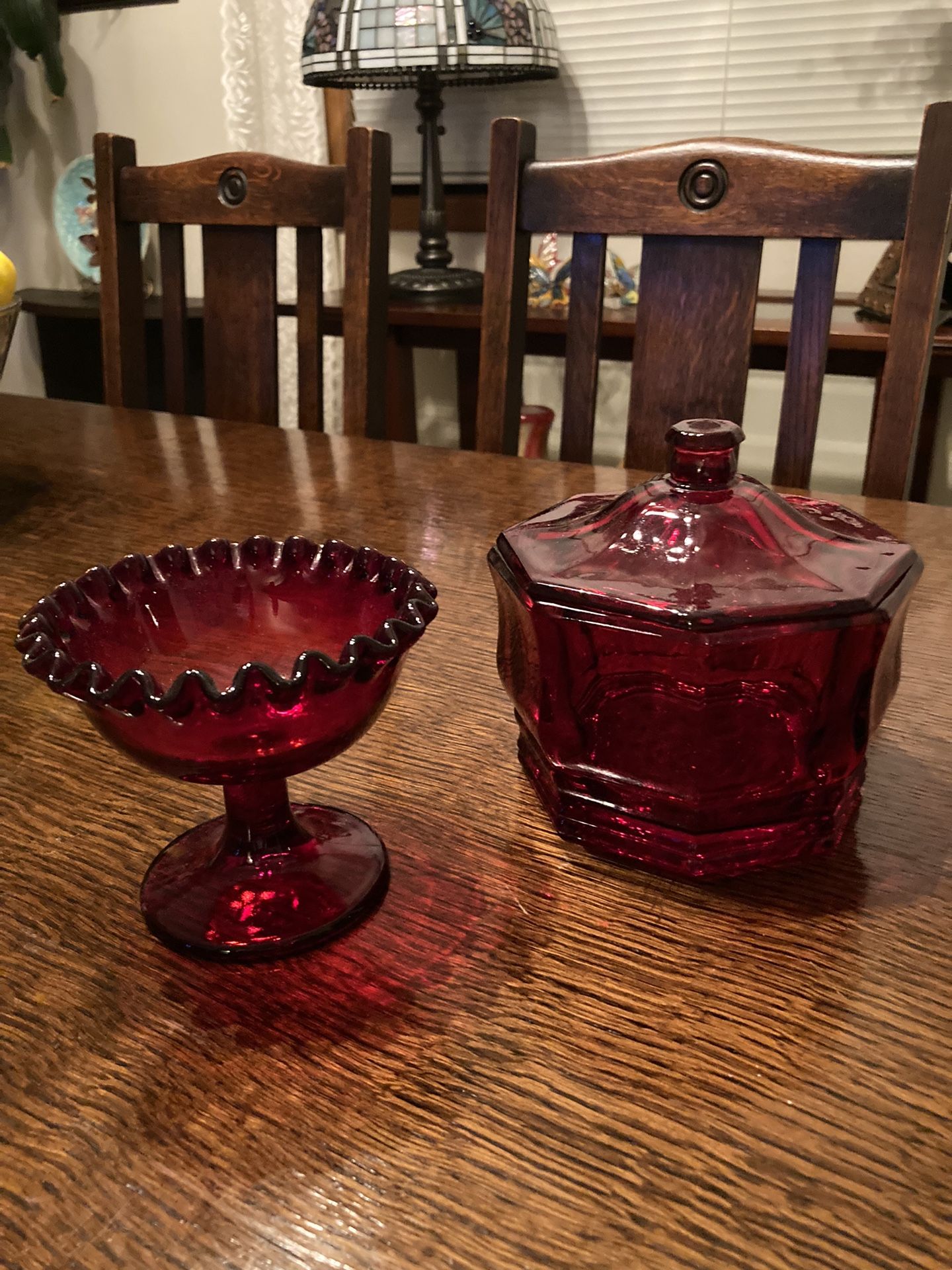 Vintage  Cranberry Glass Candy Dish  & Bowl With Lid