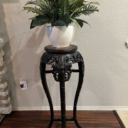 ASIAN CARVED TEAKWOOD MARBLE-TOP PLANT / FERN STAND