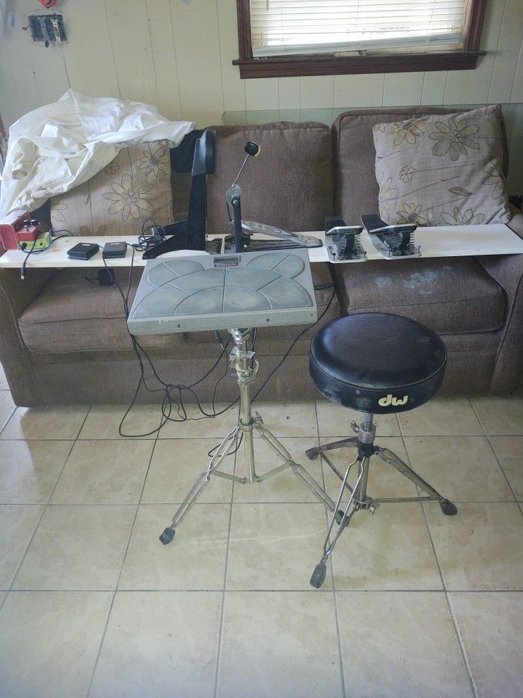 DrumKit Turbo, Pearl Bass Drum Pedal, Yamaha KP65, PS10 Controller Pedals X2, K A T High Hat Pedals X2. , Drum Works Throne, and Stand