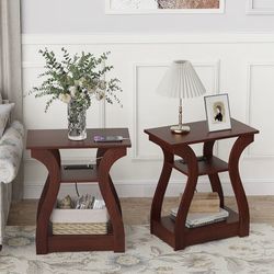 NEW - Set of 2 Side End Table Nightstands - Cherry Wood with Storage Shelves & Charging Station