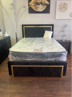 Black & Gold Queen Size Bedframe And Mattress