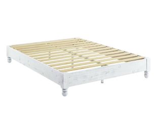 Whitewashed finish queen-sized pine wood frame platform bed