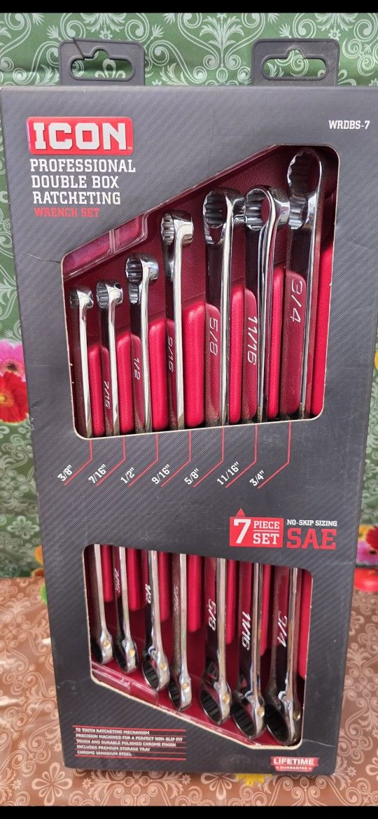 ICON Extra Long Professional SAE Double Box Ratcheting Wrench, 7 Piece