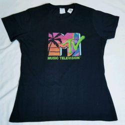 MTV Music Television Palm Tree Black T-Shirt Tee Women Large Color Graphic New
