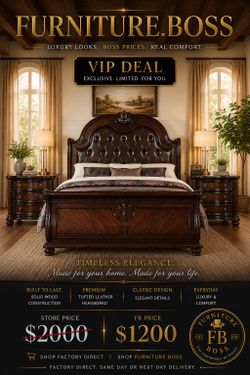 -CLEARANCE SALE- Cherry Brown Wooden Bed with Oversized leather tufted headboard