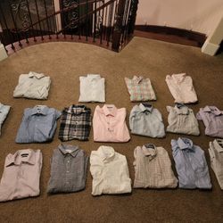 17 men's dress shirts + bonus short sleeve.. size medium.. brands: Bloomingdale, Louis Vuitton, lacoste, good fellow, Tommy Bahama.. medium size 
