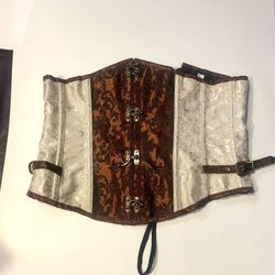 Brown and Lvory Underbust Buckle Flowers Pattern Corset XXL