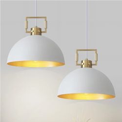 8731: New 12'' Farmhouse Pendant Light 2 Pack White and Gold for Kitchen Island, Dome Industrial Metal Hanging Lighting Fixtures, Adjustable Height Di