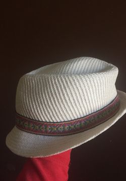 White fedora hat, black white yellow red pink stitching detail. Super cute!