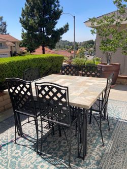 Large 8 piece Stone Top Patio Set - Heavy Duty, Pub Height w/Iron patio chairs