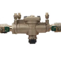 Watts 1 IN Bronze Reduced Pressure Zone Backflow Preventer Assembly, Quarter Turn Shutoff Valves Tee Handles, Flood Sensor