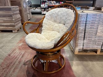 Curved Wicker Swivel Rocking Chair with White Cushion