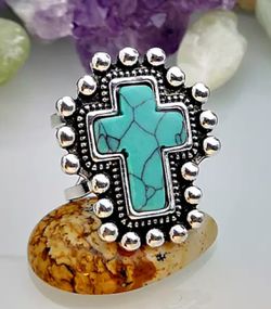 Vintage Cross Turquoise Stone Adjustable Opening Finger Ring