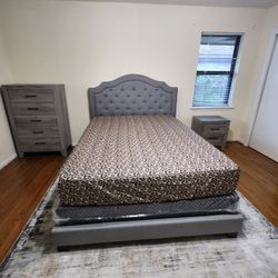 Queen Bed Frame Linen Gray With Mattress Set Pillow Top 