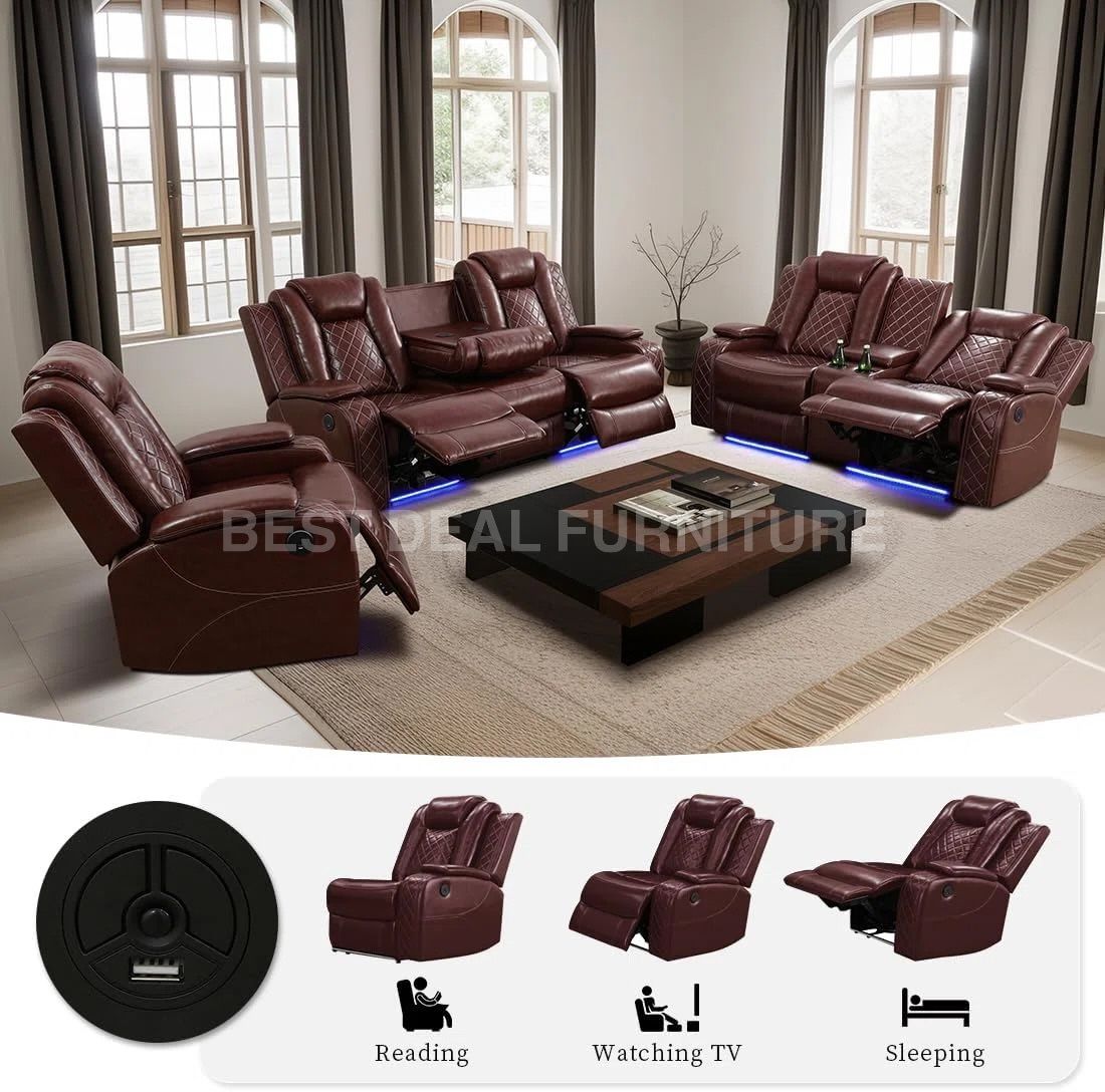 Reddish Brown Power Reclining Couch 3-Pc Set — Sofa • Loveseat • Chair