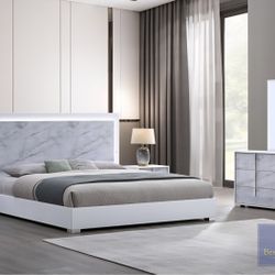 Bedroom Set 4 Pc White Finish, LED Light Headboard, New Especial Price 
