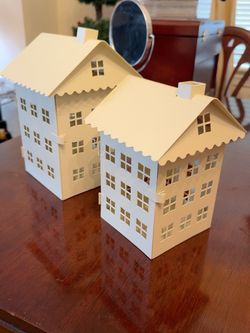 Set of 2 White Metal House Lanterns / Candle Holders – Farmhouse Decor