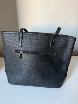 Black Woven Tote Bag Double Handles Zipper Pocket