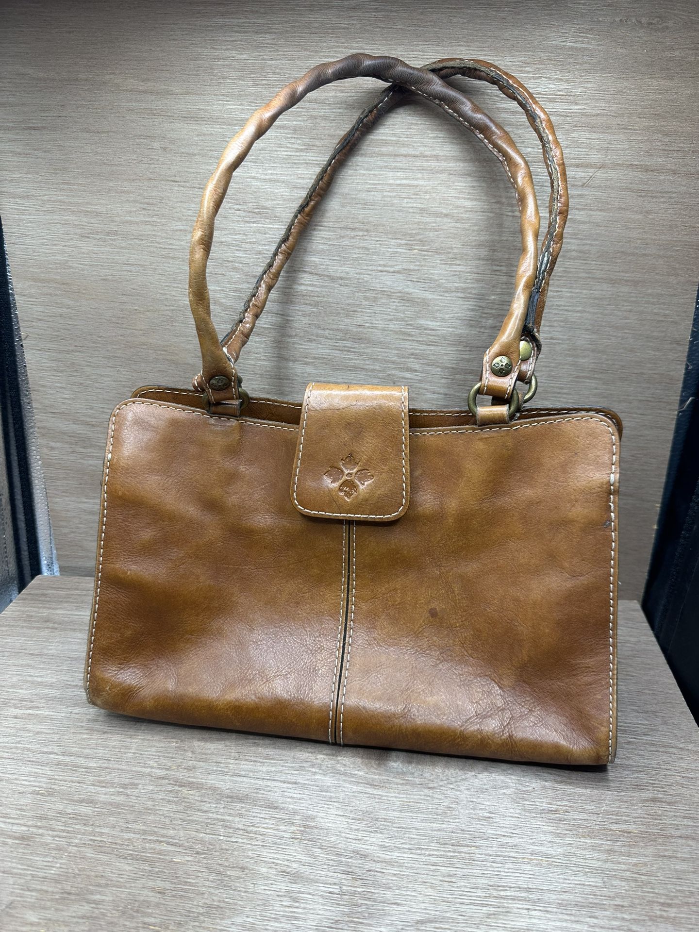 Patricia Nash Rienzo Satchel Bag Purse Cognac Brown Leather Two Handle