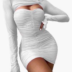 Women's Sexy Bodycon Ruched Long Sleeve Sheer Mesh Cut Out Party Dress