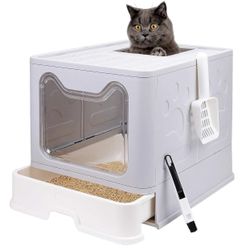 Foldable Litter Box For Cat w/ Lid Enclosed Cat Potty Top Entry Anti-Splashing Grey