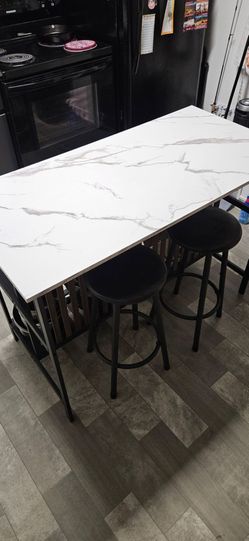 Kitchen Island with Seating & Storage, Bar Table and Chair Set, White