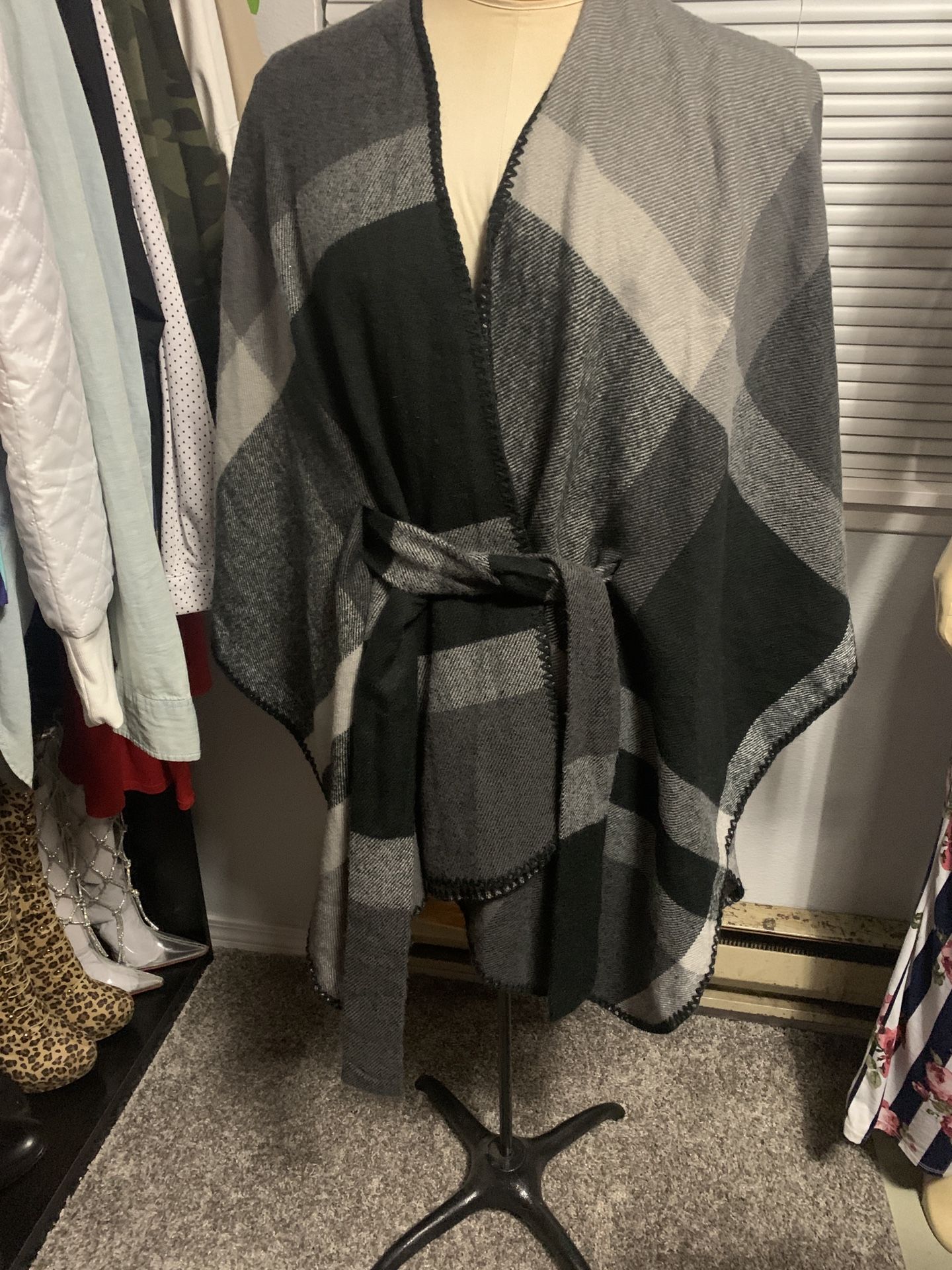 Plaid Belted Poncho Sweater