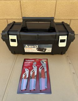 Anvil 24 in. Black Plastic Tool Box AND Husky 3-Piece Groove Joint Pliers Set