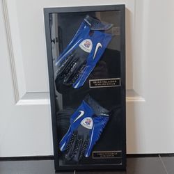 NFL AUTOGRAPHED GLOVE DISPLAY HOF BRIAN URLACHER AND LARRY FITZGERALD 