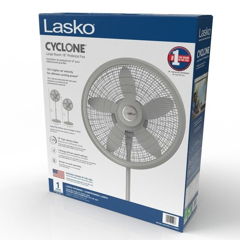* Lasko Cyclone 18" Adjustable Large Room Pedestal Fan, 3 Speeds, 54.5" H, Gray, S18902, New
