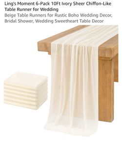 Ling's Moment 6-Pack 10Ft Ivory Sheer Chiffon-Like Table Runner for Wedding Beige Table Runners for Rustic Boho Wedding Decor, Bridal Shower, Wedding
