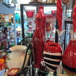 Tall Decanter Bottle Dimpled Ruby Red w/ Corked Stopper & Domed Lid - Located In Shelton 