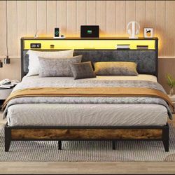 Queen Bed Frame With Charging Station, Upholstered Headboard, Metal Platform