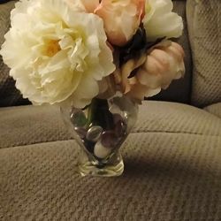 Beautiful Faux Flowers In Glass Heart Vase