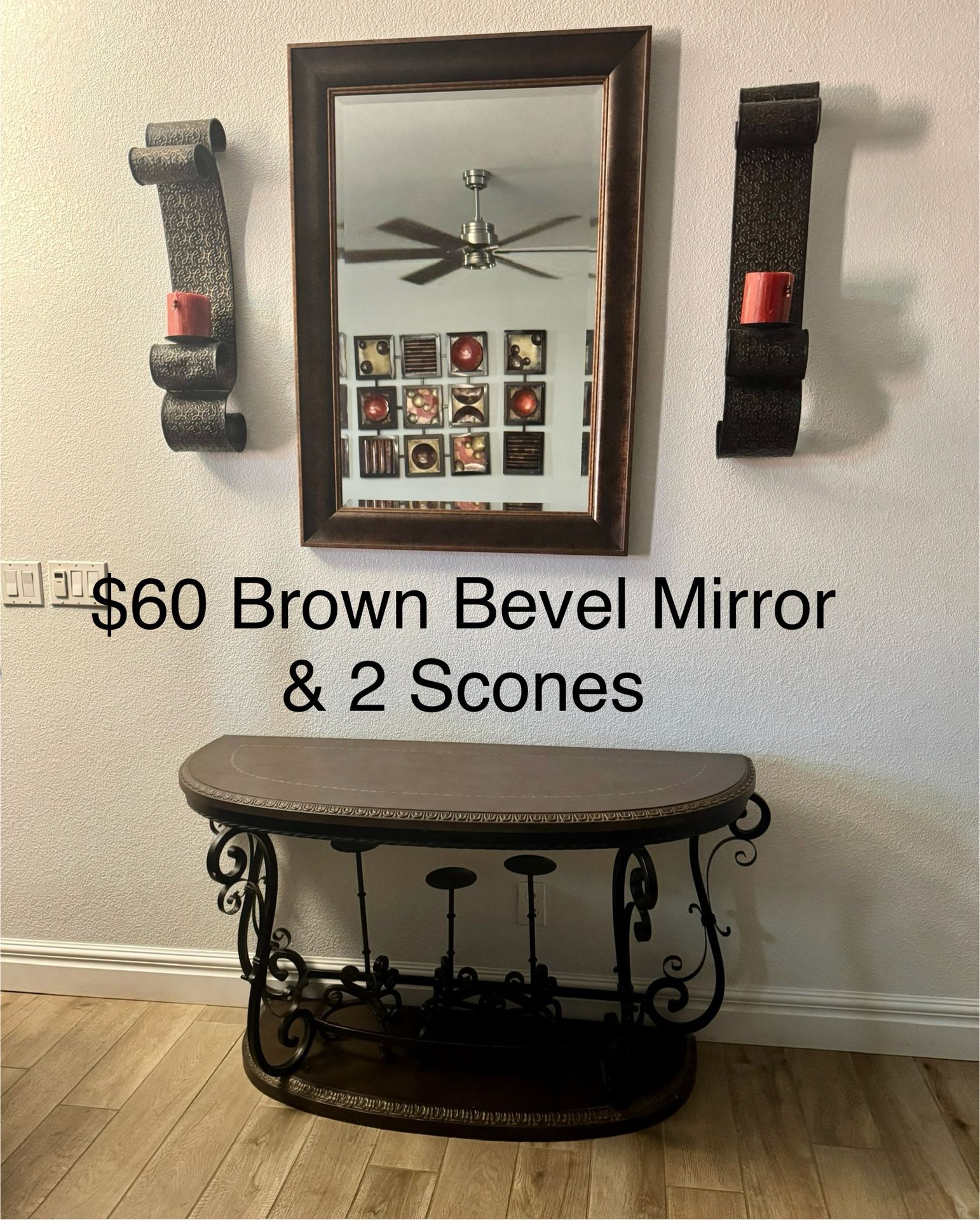Brown Bevel Mirror & 2 Scones