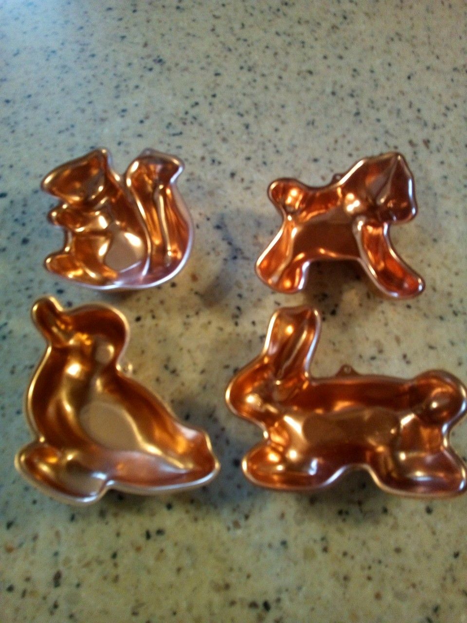 Vintage copper jello molds/ qty.4 3/4 cup molds/ duck/ squirrel/ horse/ rabbit/ hanging decoration or use for jello