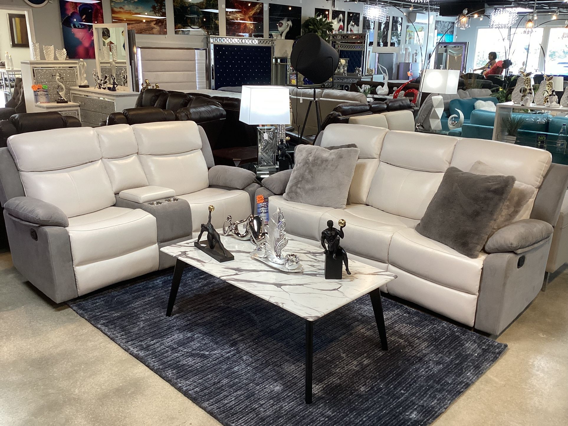 Beautiful Sofa & Loveseat Non Power 4Manuel Recliners On Sale For $1499 Color White And Gray Are Available.
