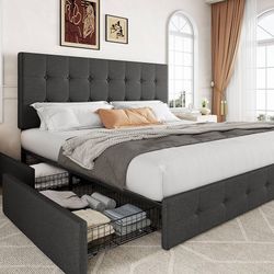 Allewie Upholstered King Size Platform Bed Frame with 4 Storage Drawers and Headboard, Square Stitched Button Tufted, Mattress Foundation with Wooden 