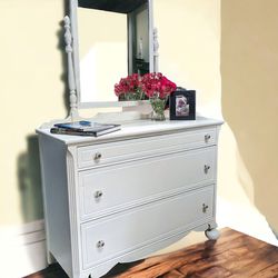 Vintage Large Cream White Dresser, Tilting Mirror 
