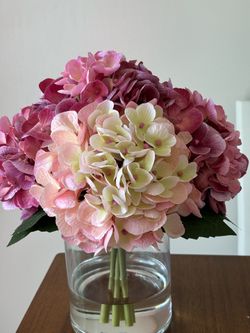 Elegant Pink & White Faux Flower in Glass Vase – New!