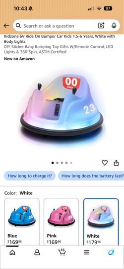 Kidzone 6V Ride On Bumper Car Kids 1.5-6 Years, White with Body Lights DIY Sticker Baby Bumping Toy Gifts W/Remote Control, LED Lights & 360°Spin, AST