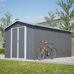 8x12 FT Outdoor Metal Storage Shed with Additional Side Door, Large Tool Shed with 2 Lockable Doors for Easy Access, Aluminum Frame, Grey Backyard Gar