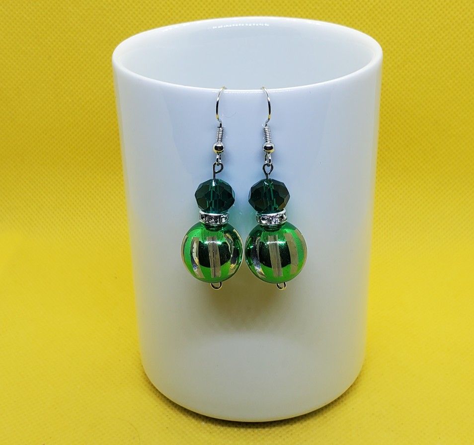 Green and silver dangle hand made earrings 