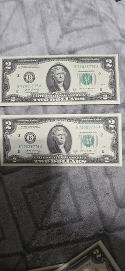 TWO uncirculated $2 BILLS in sequence