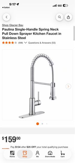 Shop Glacier Bay Paulina Single-Handle Spring Neck Pull Down Sprayer Kitchen Faucet in Stainless Steel **** (598) V Questions