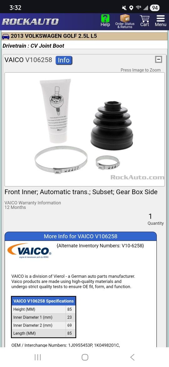 2013 VW Golf CV Boot