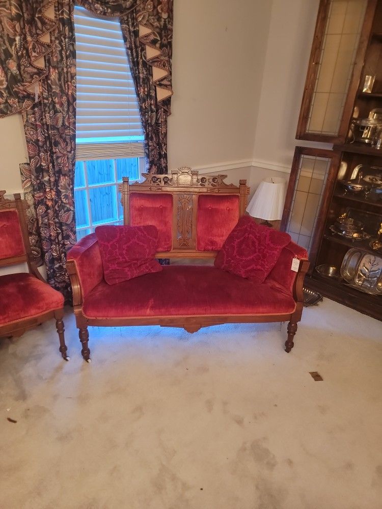 Vintage Red Asian Inspired Red Velvet Couch, Love Seat, And Chairs
